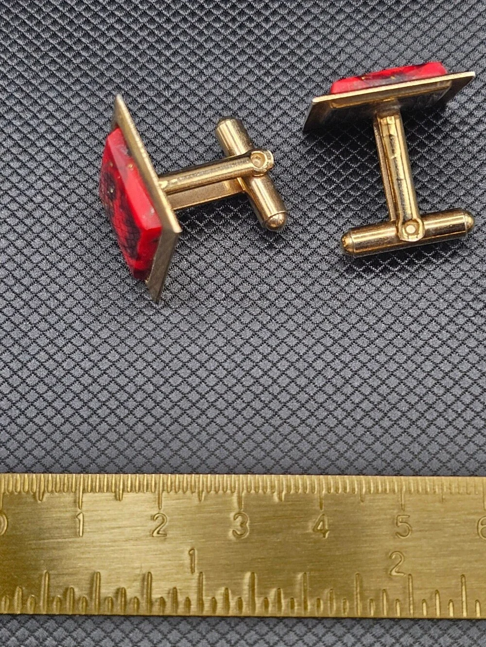 Vintage Red and Gold Square Cufflinks with Floral Design